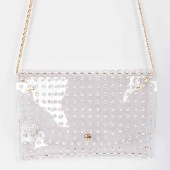 Faux Pearl Studded Transparent Envelope Clutch - Picture 1 of 5